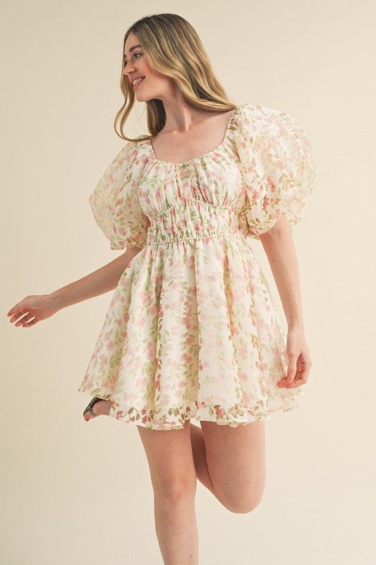 FLORAL BUBBLE SLEEVE FLARED MINI DRESS