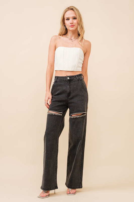 Victory Vibes Rhinestone Straight Leg Jeans