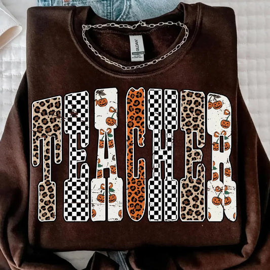 Leopard Checkered Pumpkin Teacher Tee or Crew