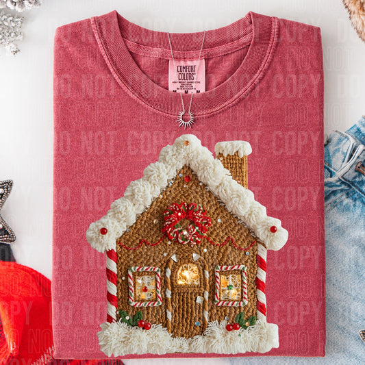 Faux Yarn Gingerbread House Tee or Crew