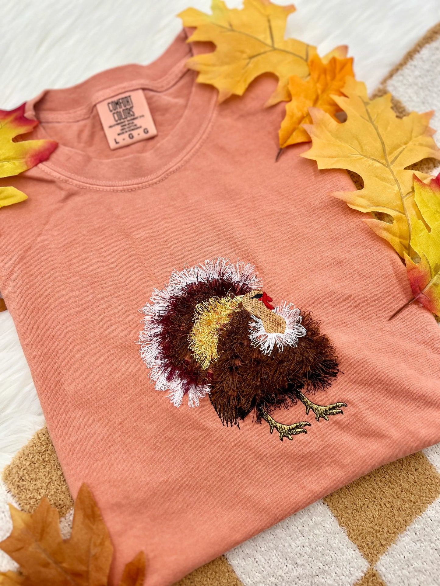 Fluffy Turkey Embroidered Tee or Crew