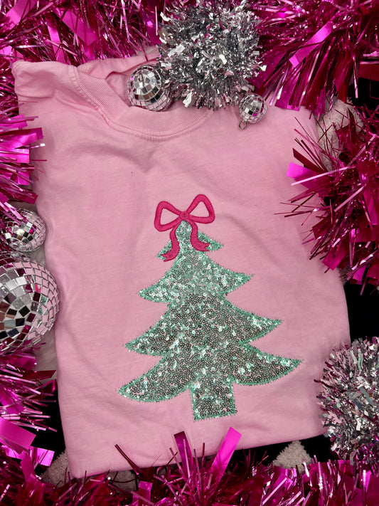 Sequin Tree with Bow Embroidered Tee or Crew