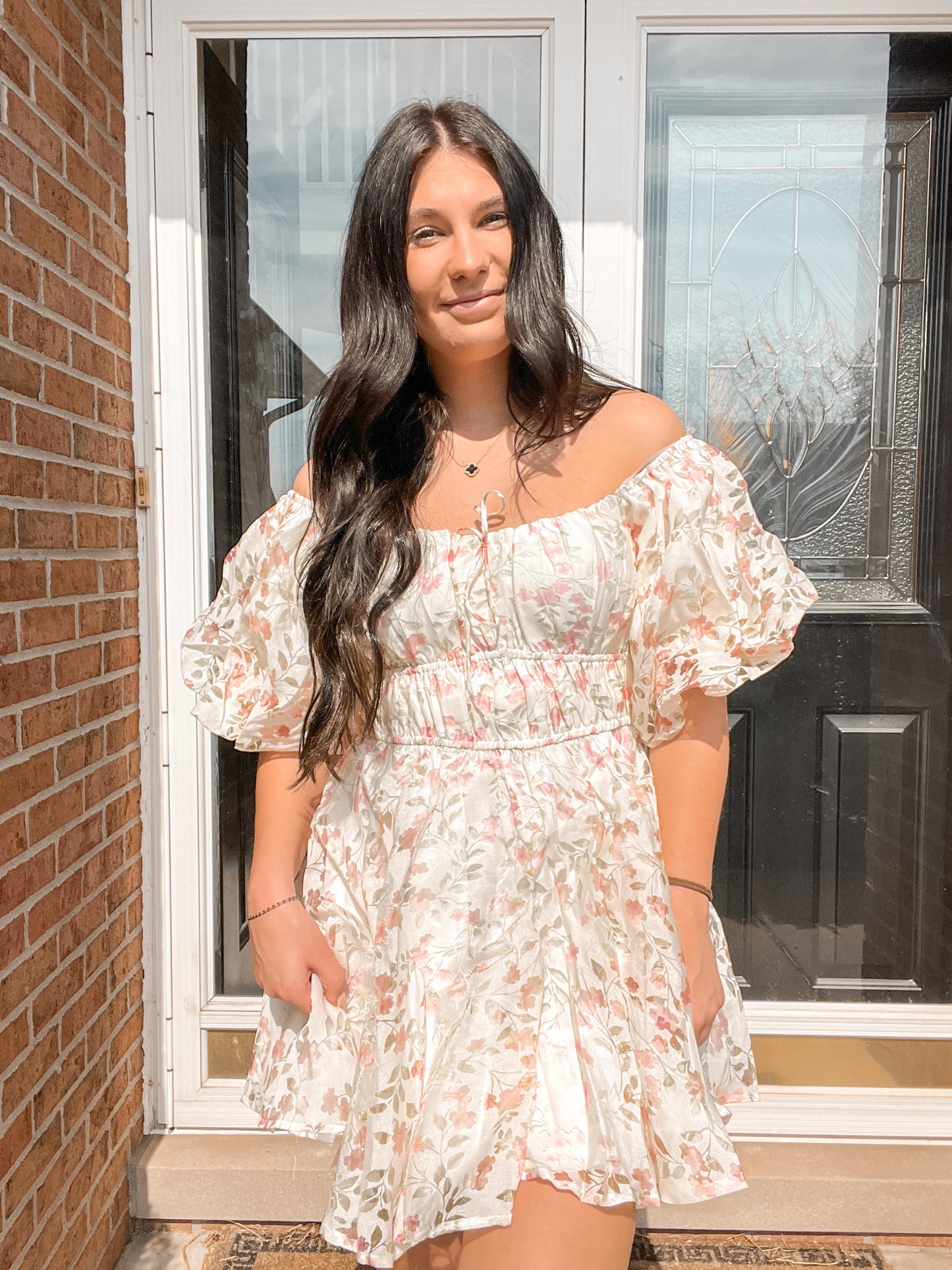 FLORAL BUBBLE SLEEVE FLARED MINI DRESS