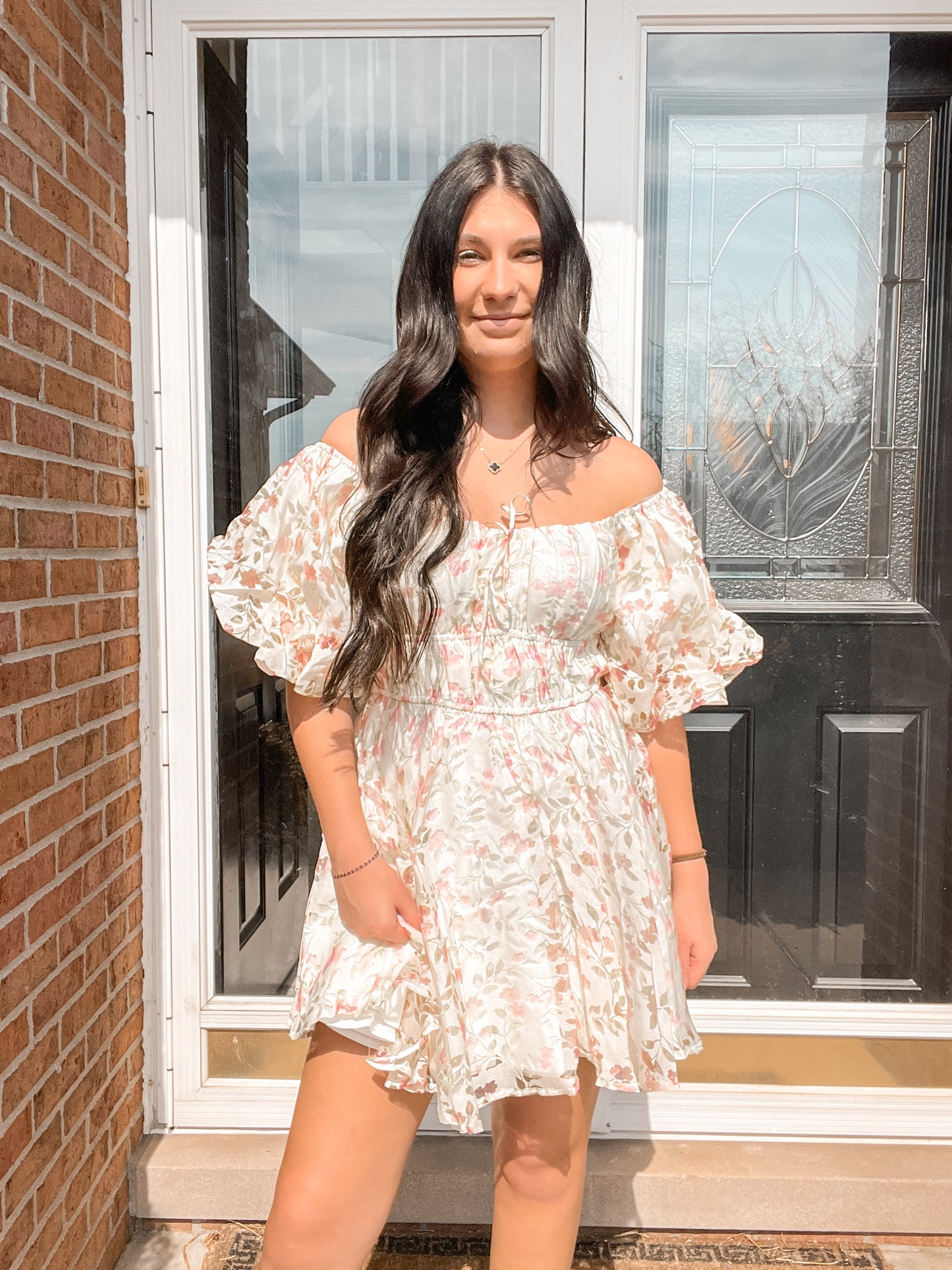FLORAL BUBBLE SLEEVE FLARED MINI DRESS