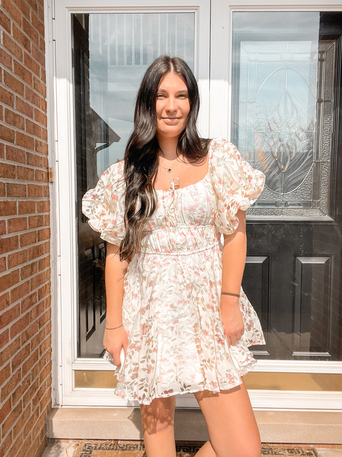 FLORAL BUBBLE SLEEVE FLARED MINI DRESS